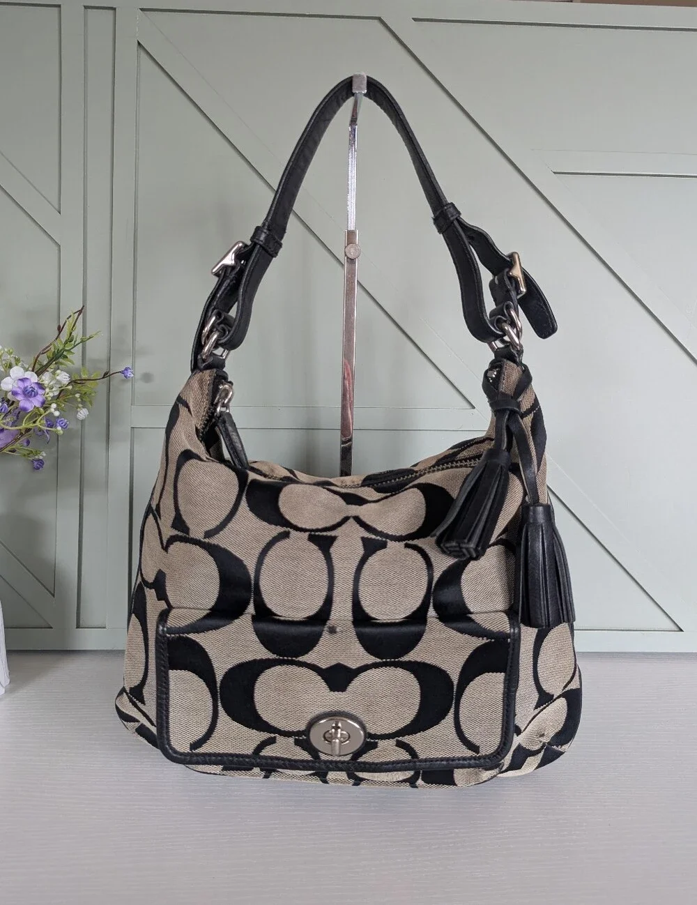 Coach Khaki and Black Signature Canvas Hobo with Tassel